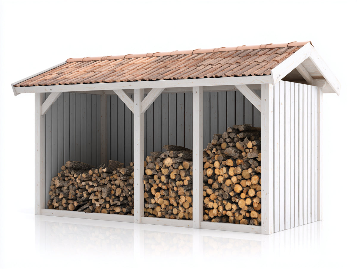 Leñero de jardín 300x100x200 cm - madera blanca y techo rojo teja - almacenamiento exterior para leña - diseño rústico