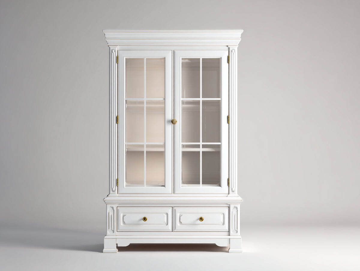 Vitrinas de madera 120x40x200 cm - color blanco - diseño clásico moderno con 2 puertas de cristal y 2 cajones