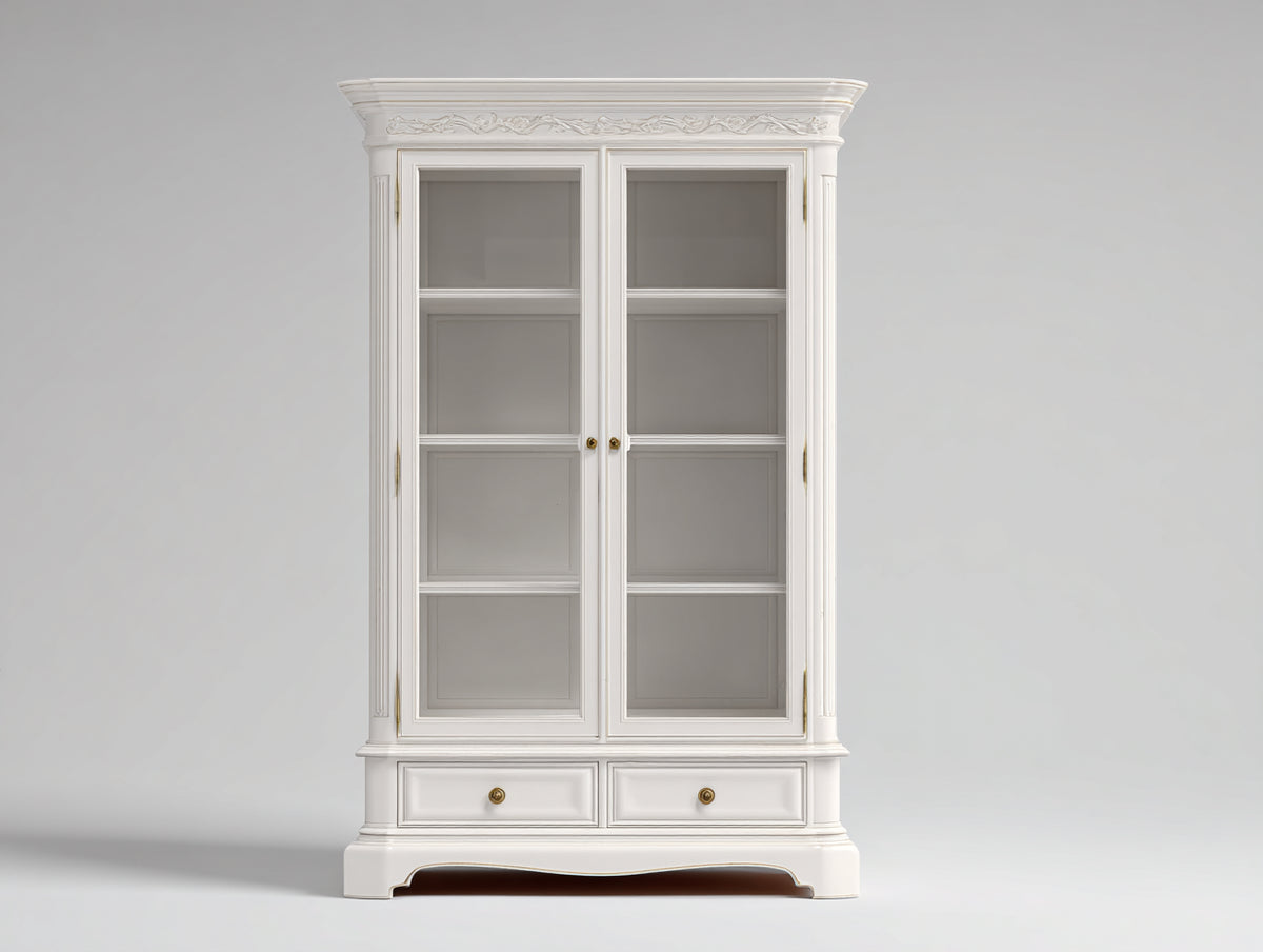 Vitrinas de madera 120 x 40 x 200 cm - blanco - vitrina con 2 puertas de cristal y 2 cajones inferiores de estilo clásico