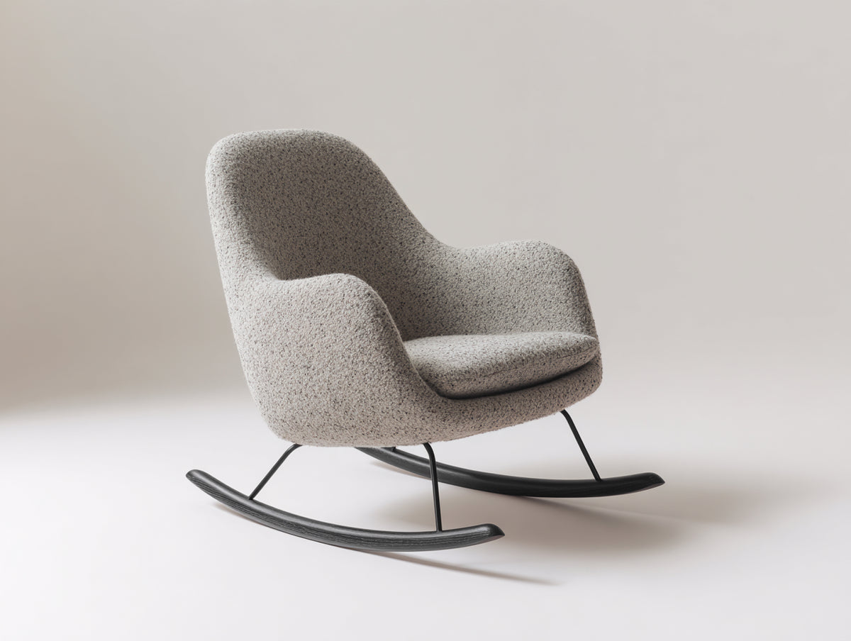 Mecedora tapizada de tela bouclé con base de balanceo metálica negra 80x84x88 cm - color gris claro - estilo moderno nórdico