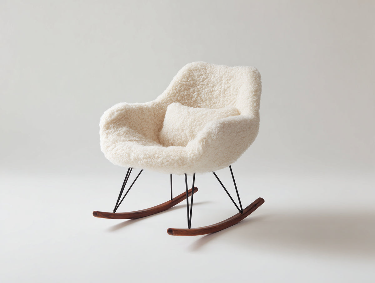 Mecedoras 78x82x90 cm - tejido bouclé - color blanco - diseño moderno con base de balanceo de madera