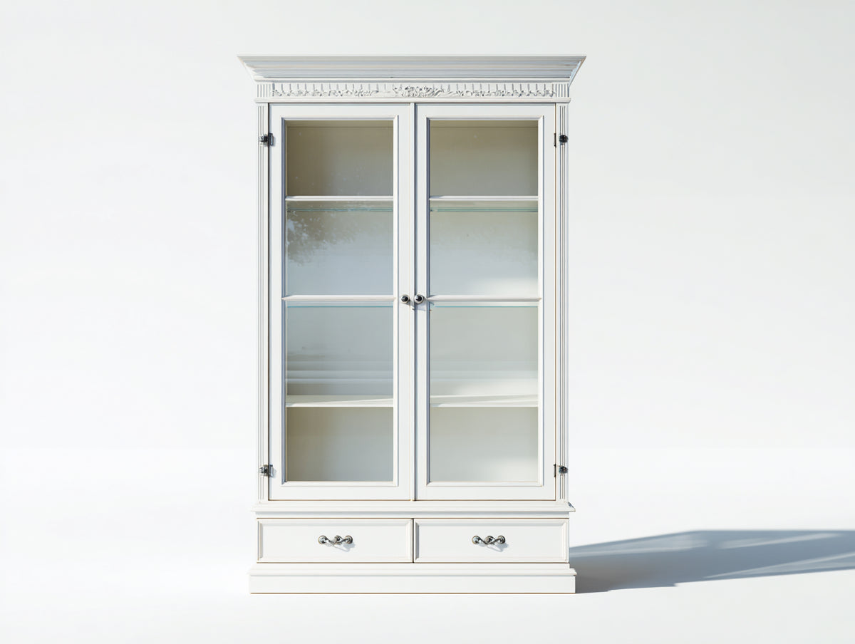 Vitrinas 120x40x190 cm - madera blanca - con 2 puertas de cristal y 2 cajones - diseño clásico para salón