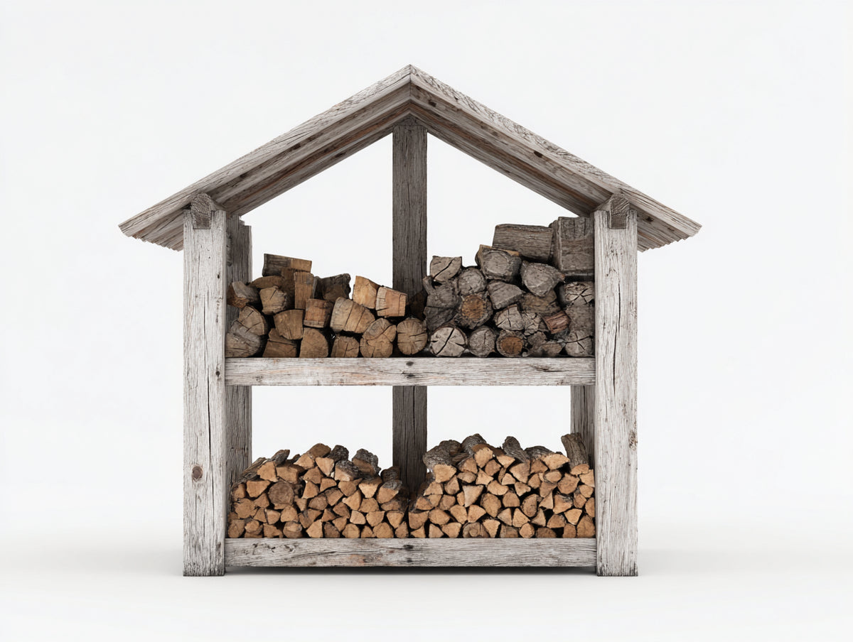Leñero de jardín de madera 160 x 60 x 180 cm - madera envejecida - diseño abierto con tejado a dos aguas