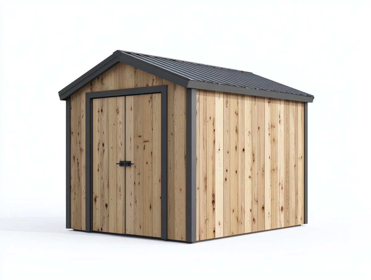 Casetas de jardín de madera 220 x 180 x 220 cm - madera natural y gris oscuro - tejado a dos aguas con doble puerta