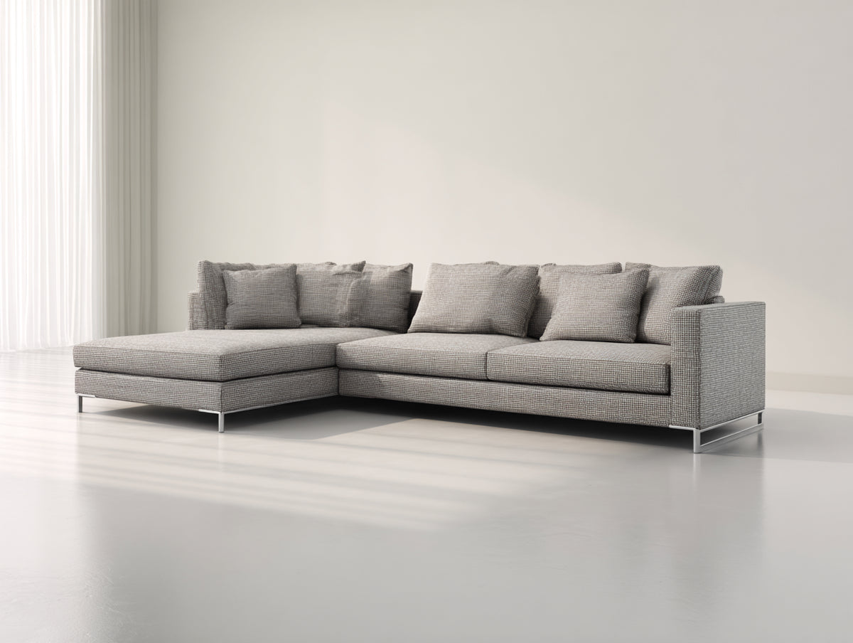 Sofás de esquina tapizados 300 x 200 x 82 cm - gris claro - diseño moderno con chaise longue y patas metálicas