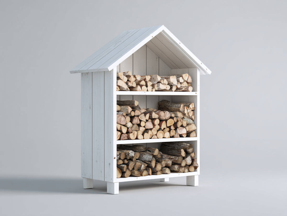 Leñero de jardín de madera 120 x 50 x 180 cm - blanco - diseño vertical con tejado a dos aguas